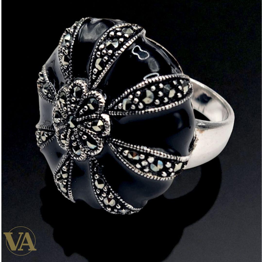 Bague femme argent 925 onyx noir et marcassites