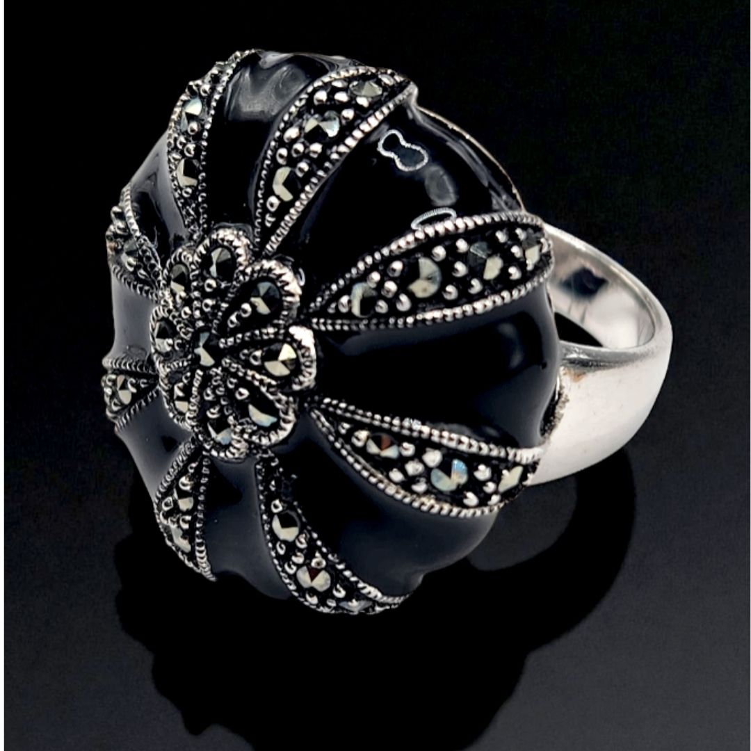 Bague argent 925 onyx noir et marcassites