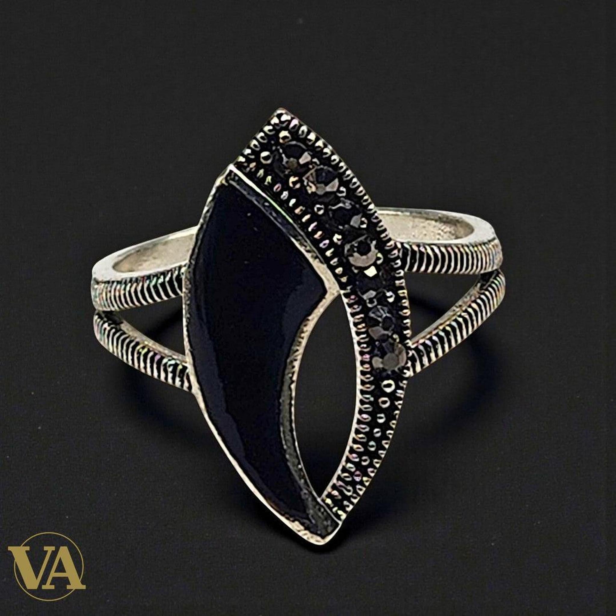 Bague femme argent 925 onyx noir et marcassites - Argent 925 - Vindicta