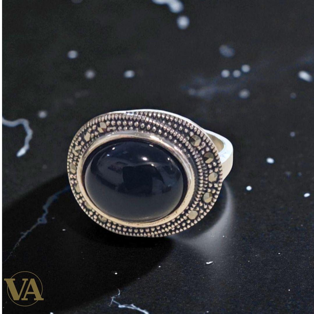 Bague Argent 925 Onyx Noir & Marcassites