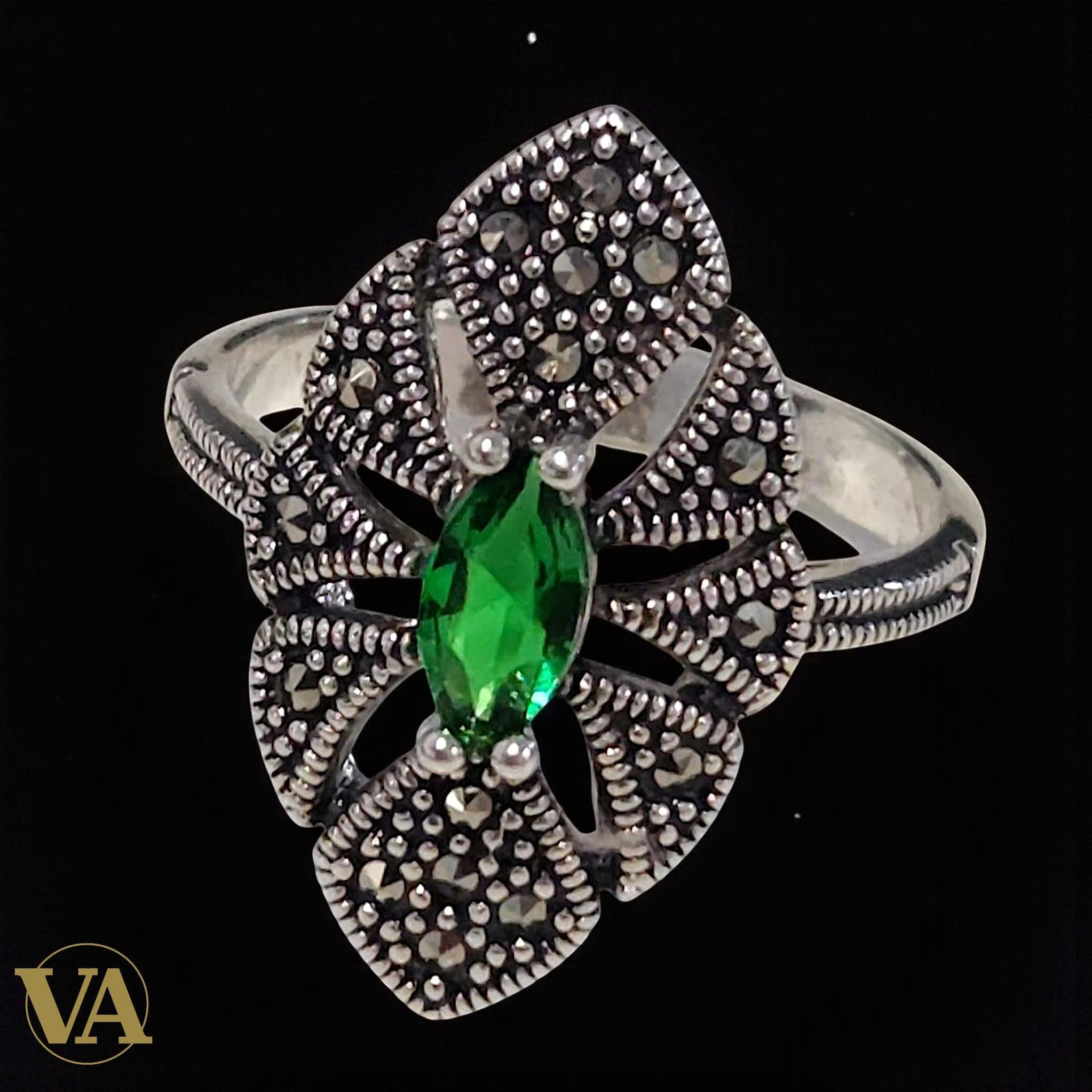Bague Femme Argent 925 – Pierre Verte Marquise & Marcassites