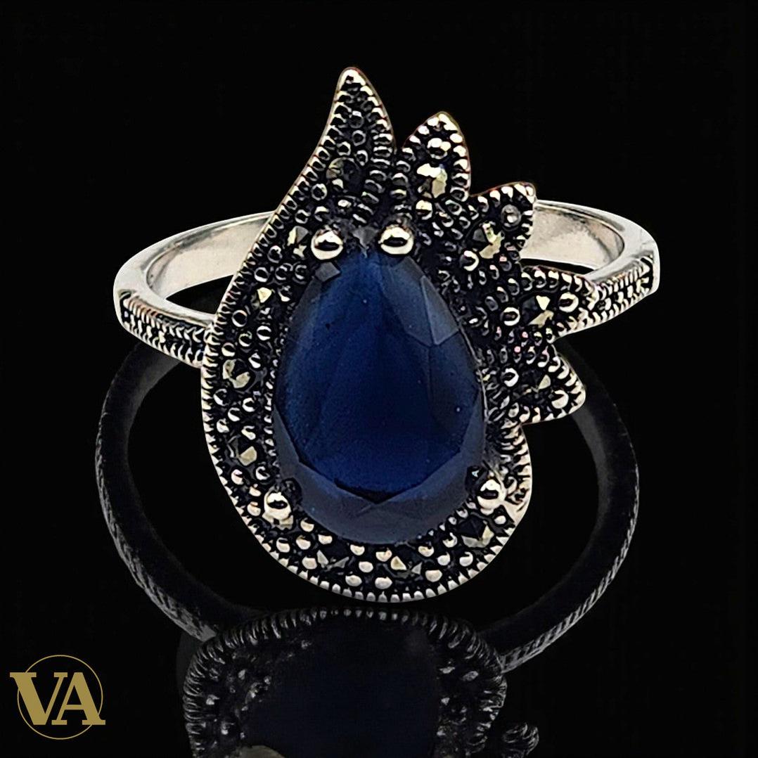 Bague femme argent 925 saphir bleu et marcassites