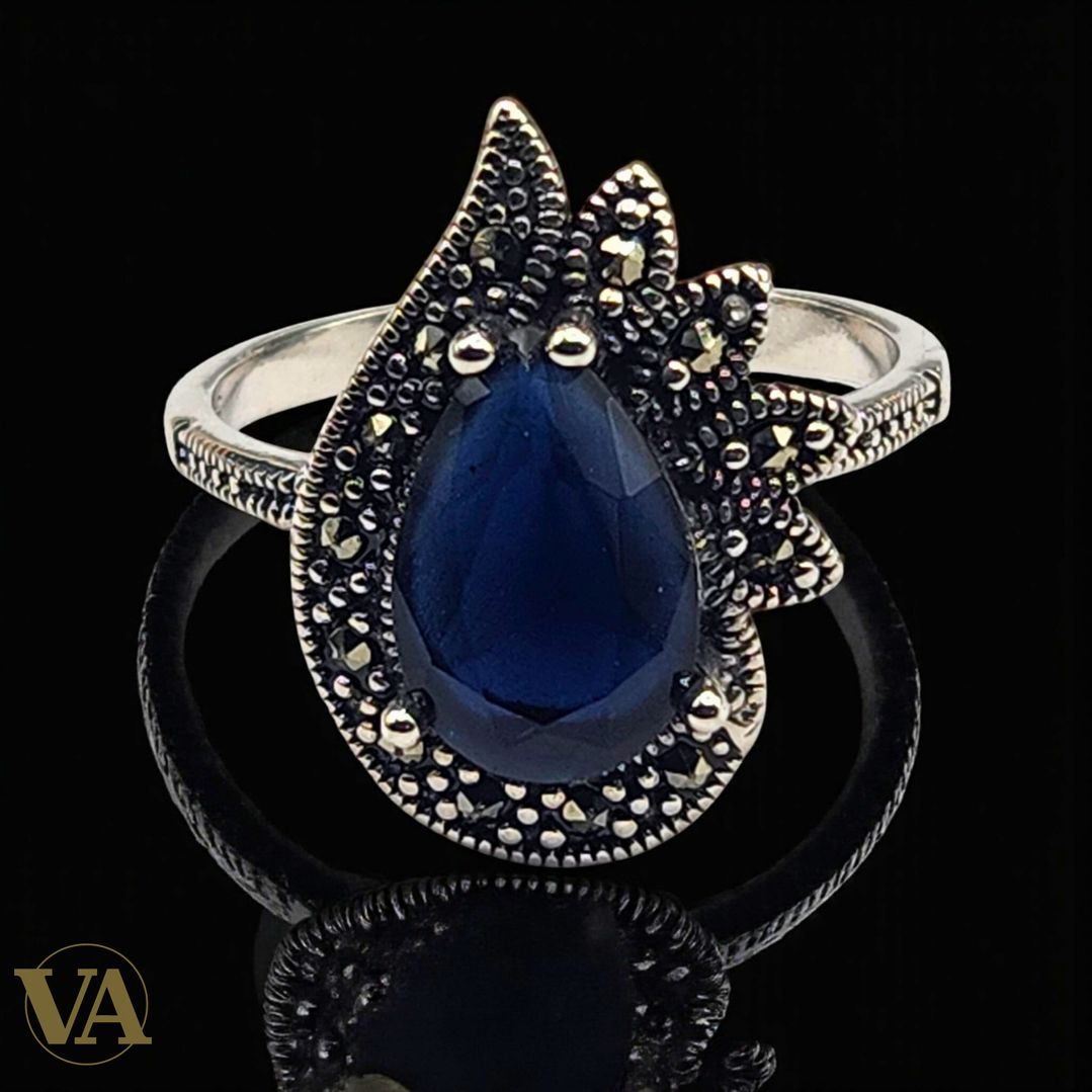 Bague femme argent 925 saphir bleu et marcassites