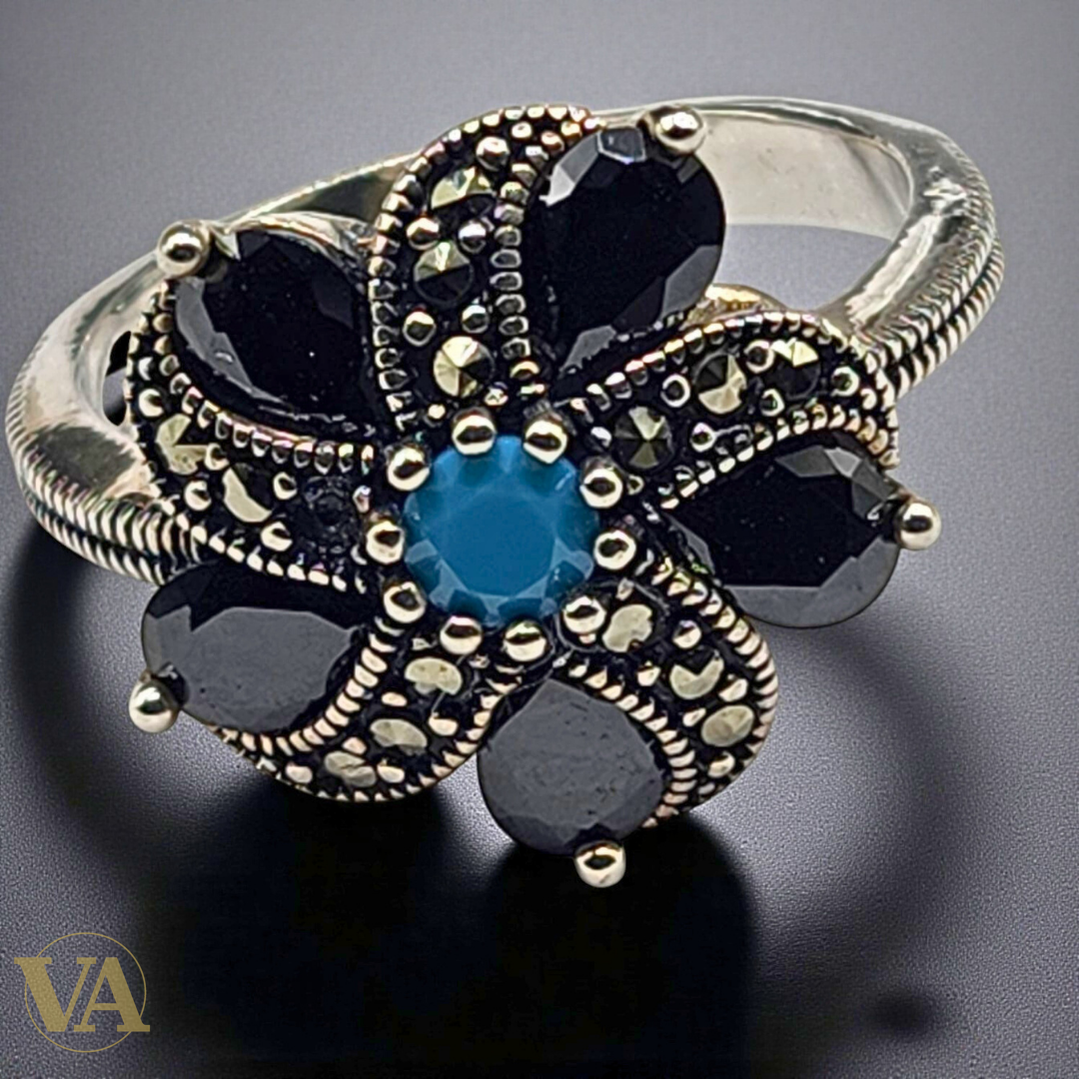 Bague Fleur Argent 925 – Onyx noir & Turquoise
