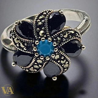 Bague Femme Fleur Argent 925 – Onyx noir & Turquoise