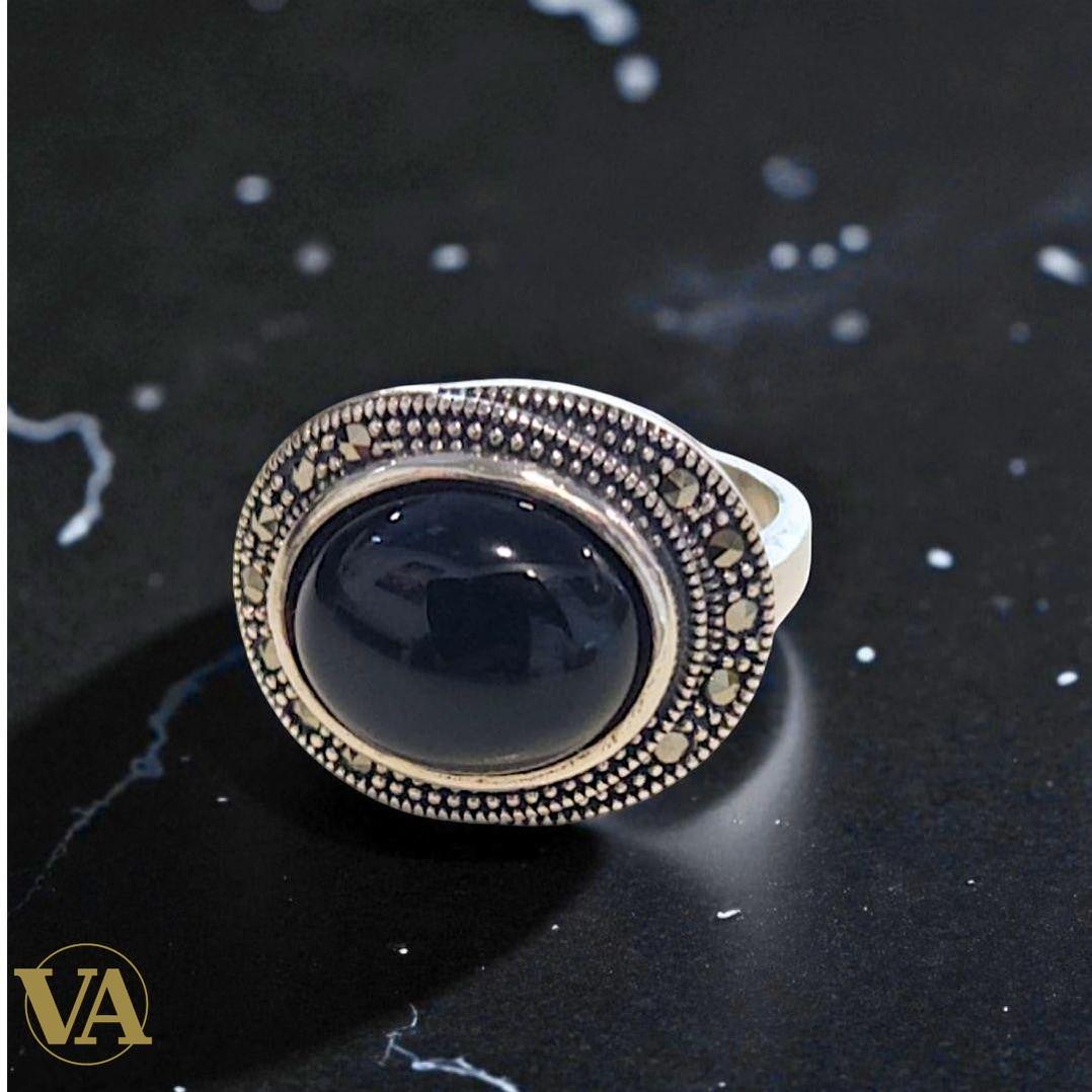 Bague Argent 925 Onyx Noir & Marcassites