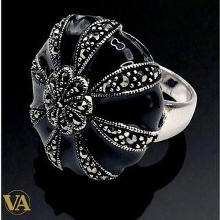 Bague femme argent 925 onyx noir et marcassites