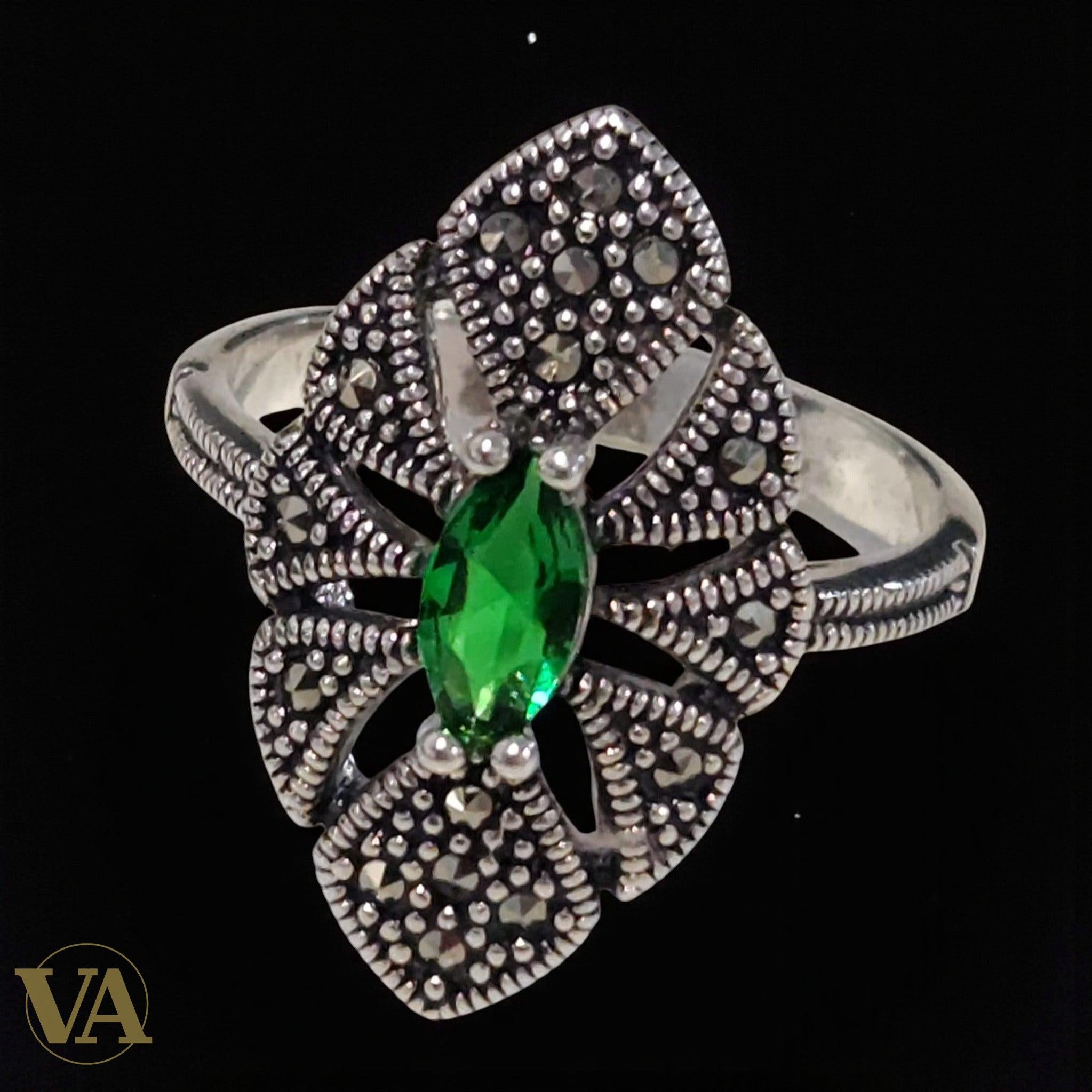 Bague Femme Argent 925 – Pierre Verte Marquise & Marcassites