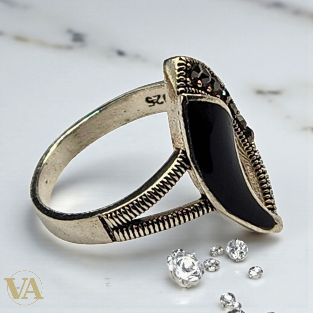 Bague femme argent 925 onyx noir et marcassites