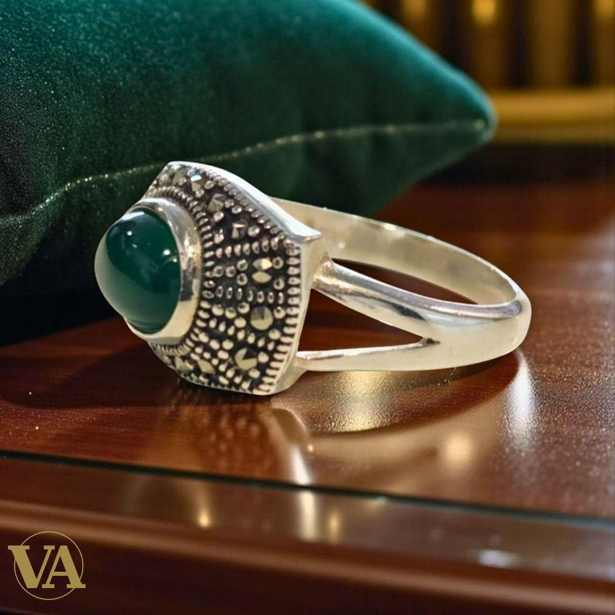 Bague femme argent 925 et marcassites – Agate verte cabochon - Argent 925 - Vindicta