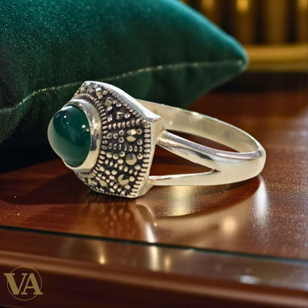 Bague femme argent 925 et marcassites – Agate verte cabochon
