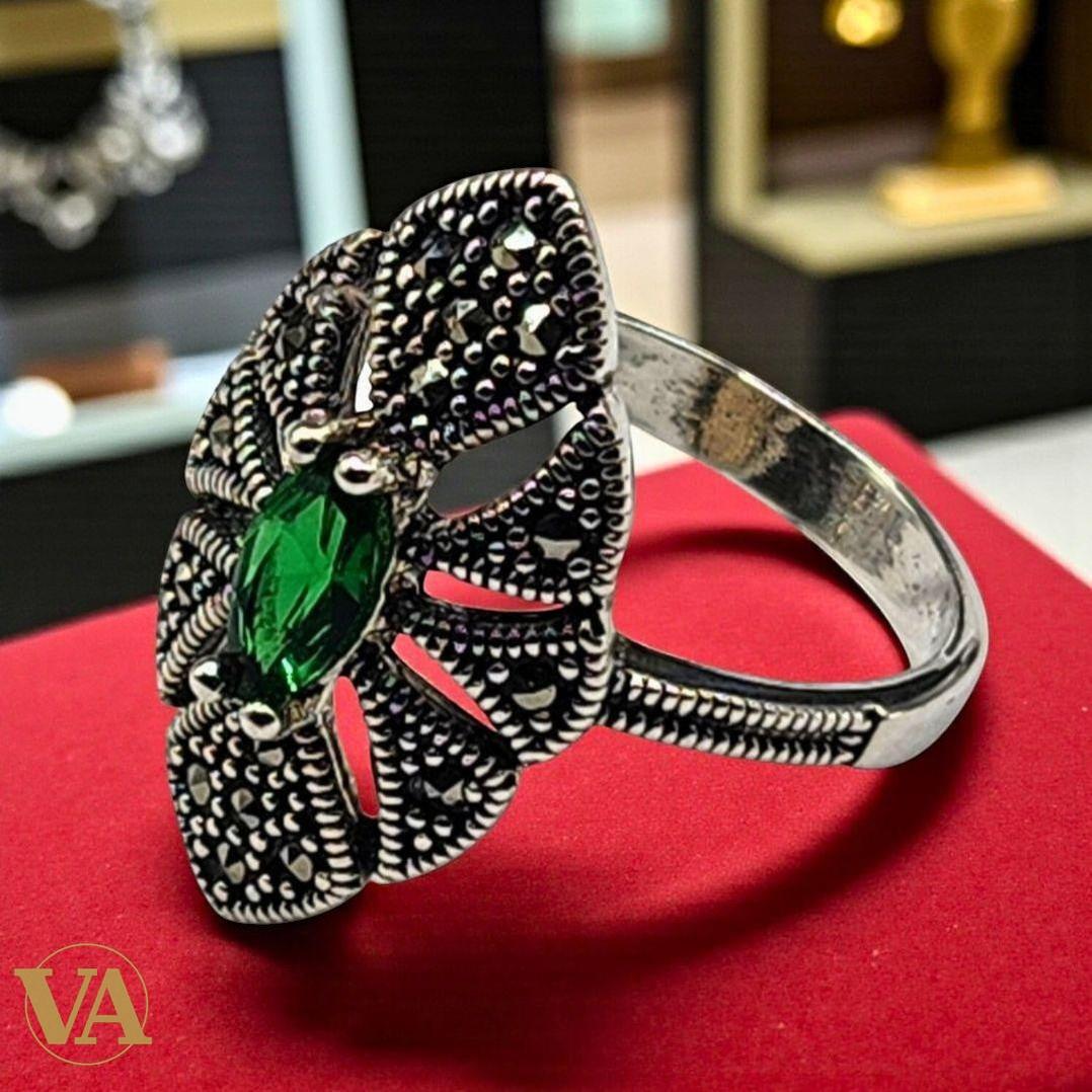 Bague Femme Argent 925 – Pierre Verte Marquise & Marcassites | Bijoux Vindicta