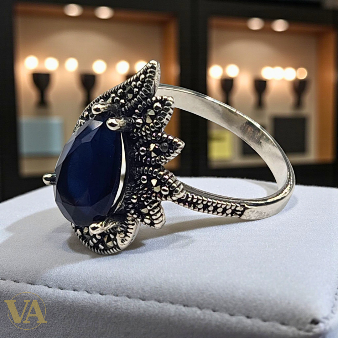 Bague femme argent 925 saphir bleu et marcassites