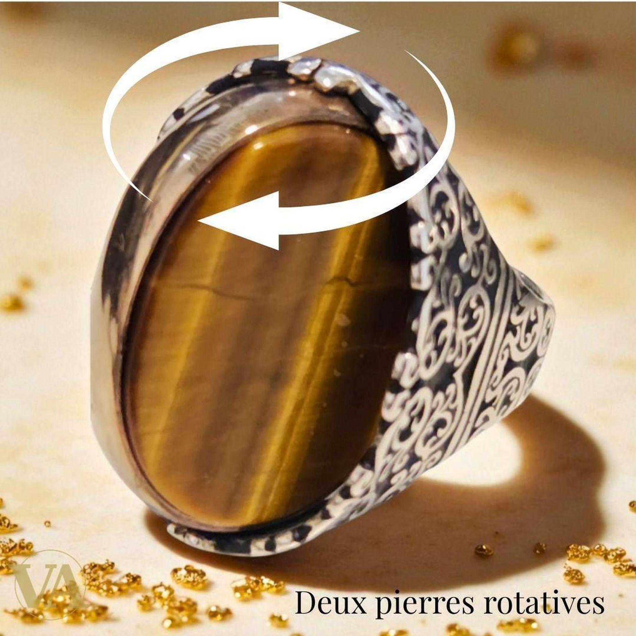 Bague homme argent 925 rotative – Œil de Tigre & Agate | Bijoux Vindicta