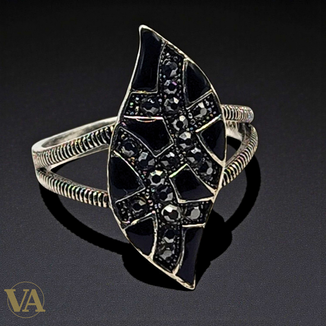 Bague femme argent 925 onyx noir marcassites