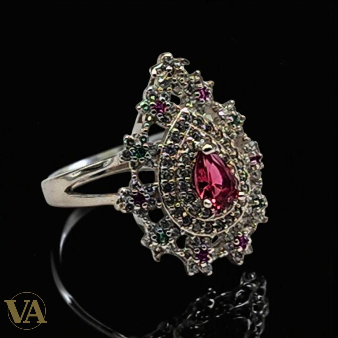 Bague femme argent 925 – Pierre rouge poire et zirconiums multicolores – Élégance royale