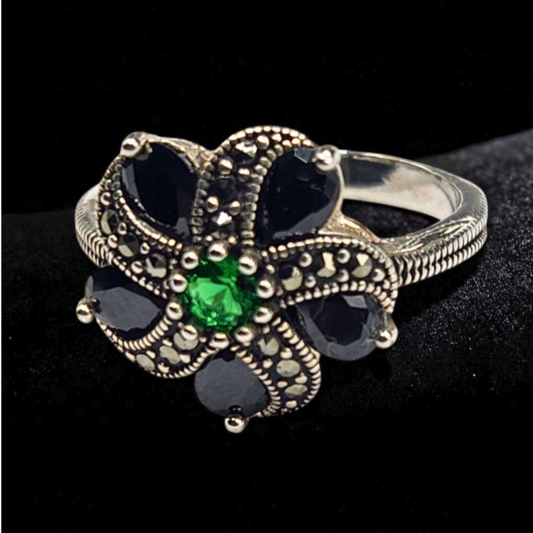 Bague fleur argent 925 marcassite – Pierres noires et vertes