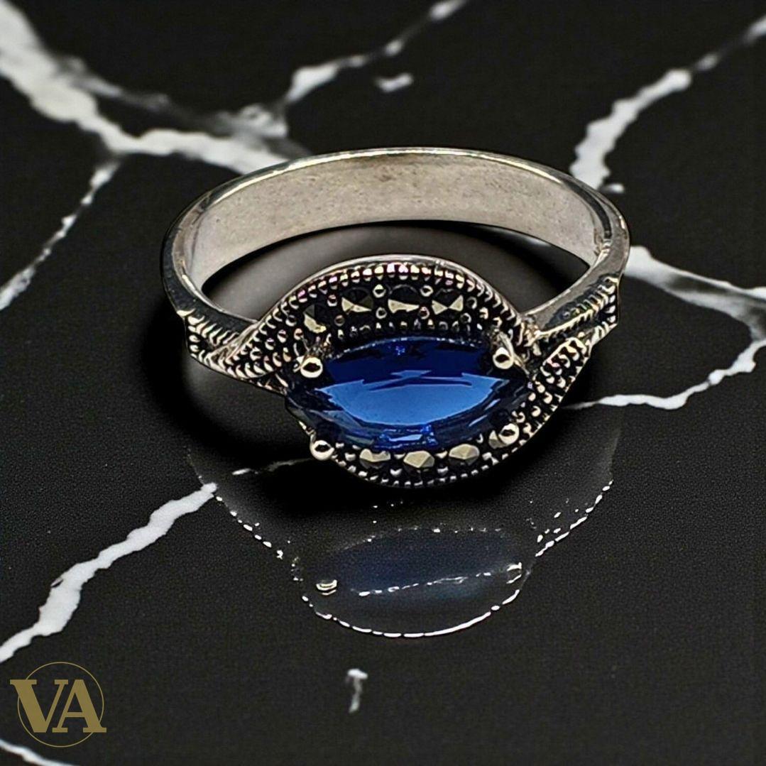 Bague Marquise Argent 925 – Pierre bleue & Marcassites