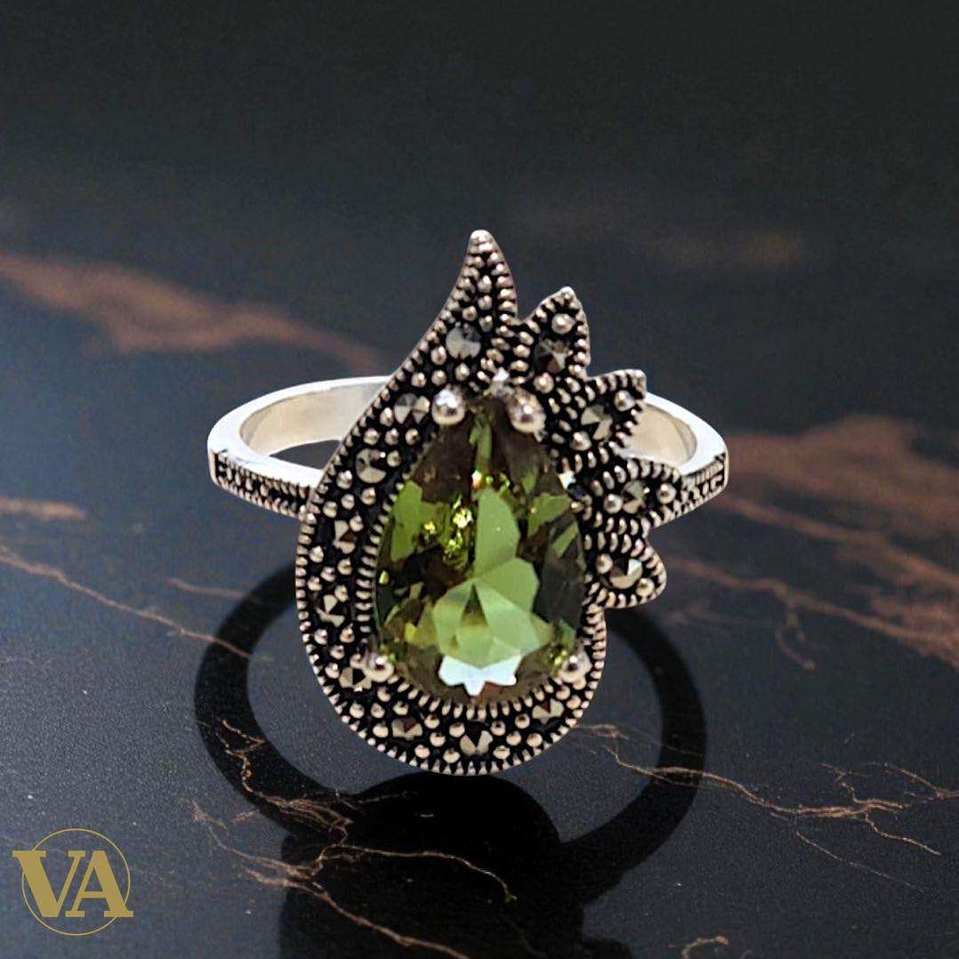 Bague Femme Argent 925 & Sultanite Goutte – Sertie de Marcassites