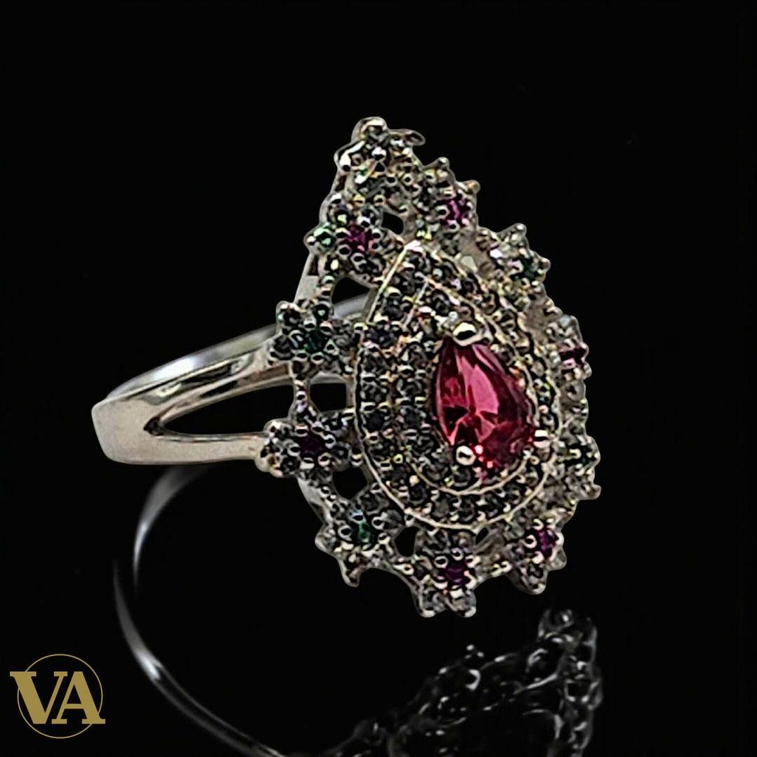 Bague femme argent 925 – Pierre rouge poire et zirconiums multicolores – Élégance royale