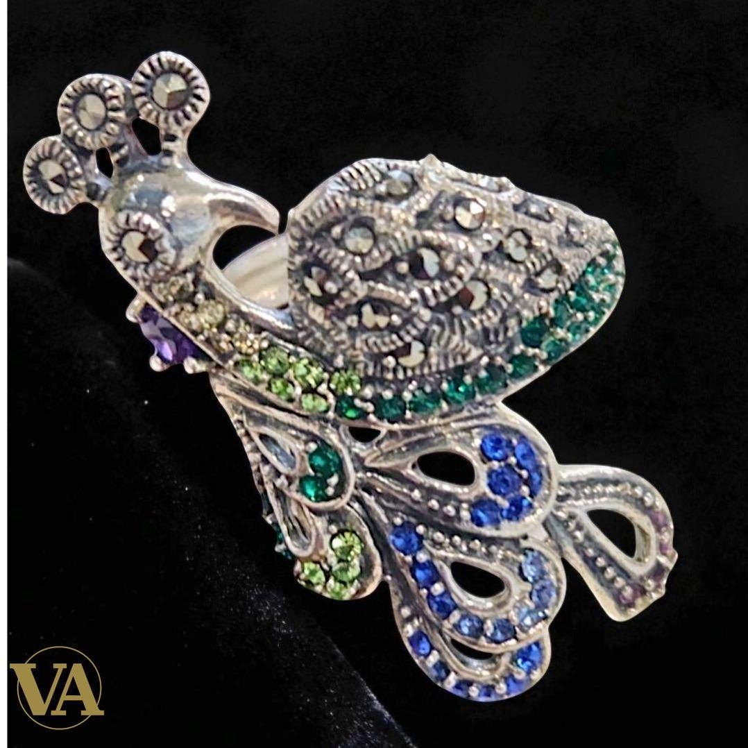 Bague Femme Argent 925 Paon Marcassites & Pierres | Bijoux Vindicta