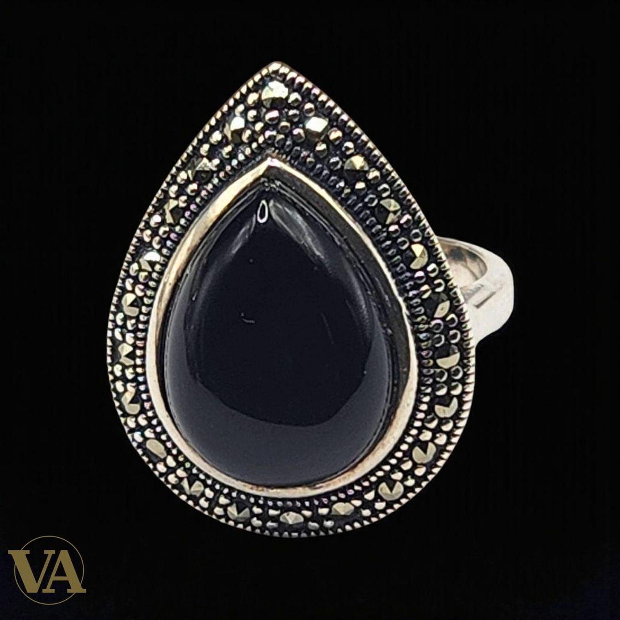 Bague femme argent 925 onyx et marcassites | Bijoux Vindicta