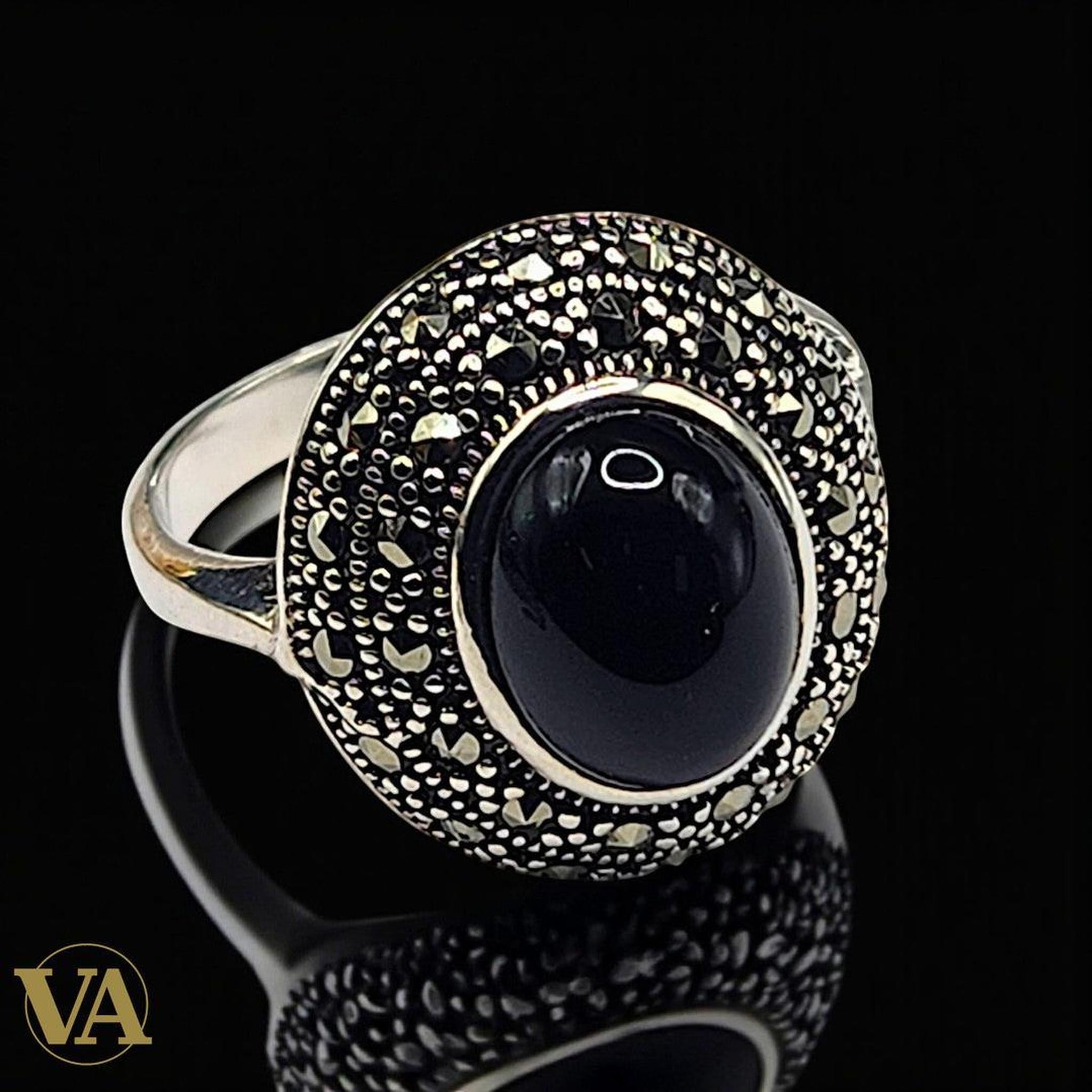 Bague Femme Argent 925 – Onyx noir & Marcassites | Bijoux Vindicta