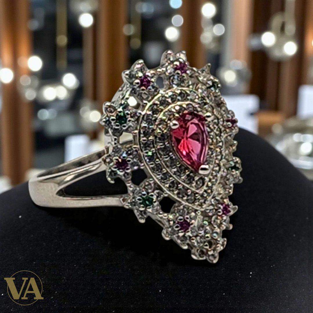 Bague femme argent 925 – Pierre rouge poire et zirconiums multicolores – Élégance royale