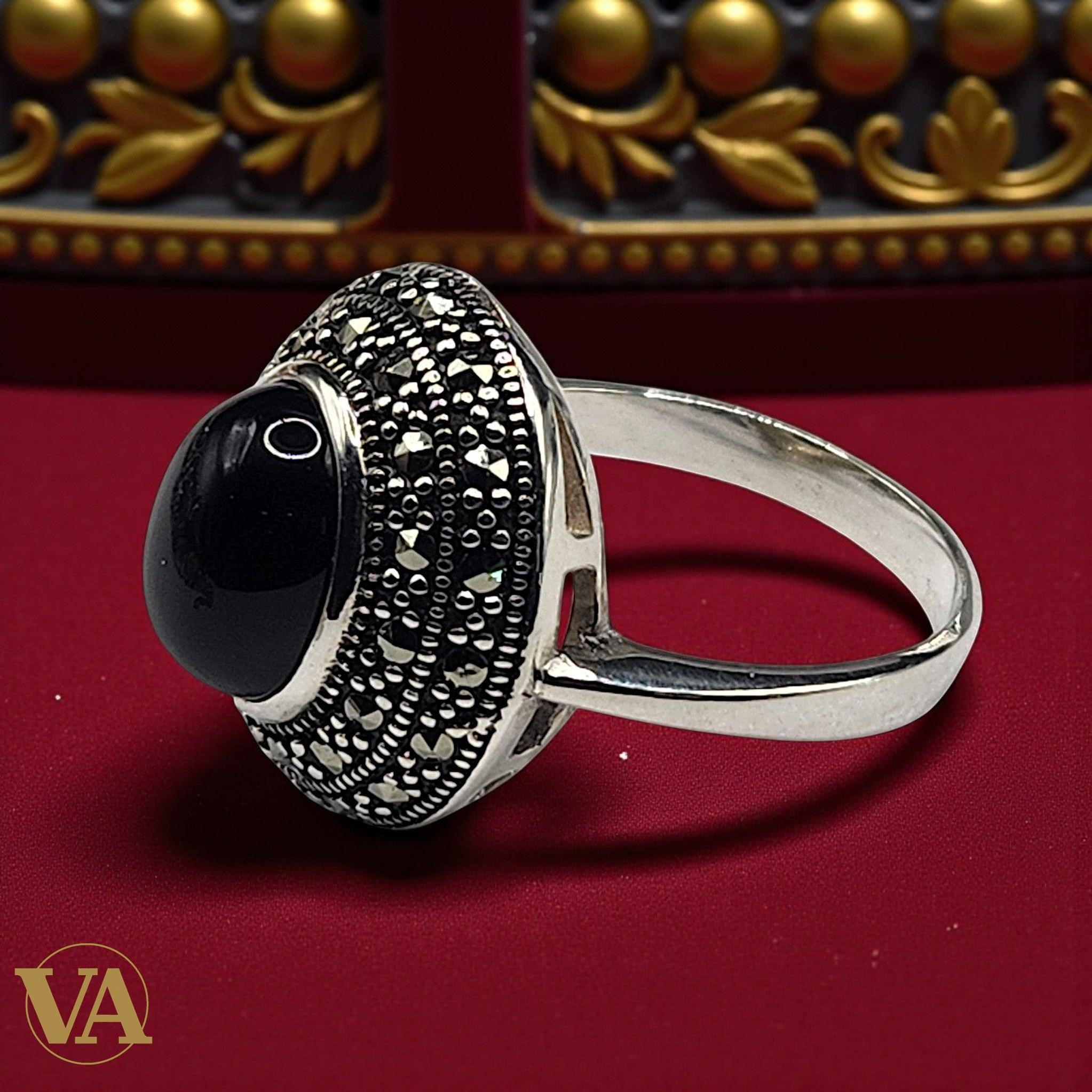 Bague Femme Argent 925 – Onyx noir & Marcassites | Bijoux Vindicta