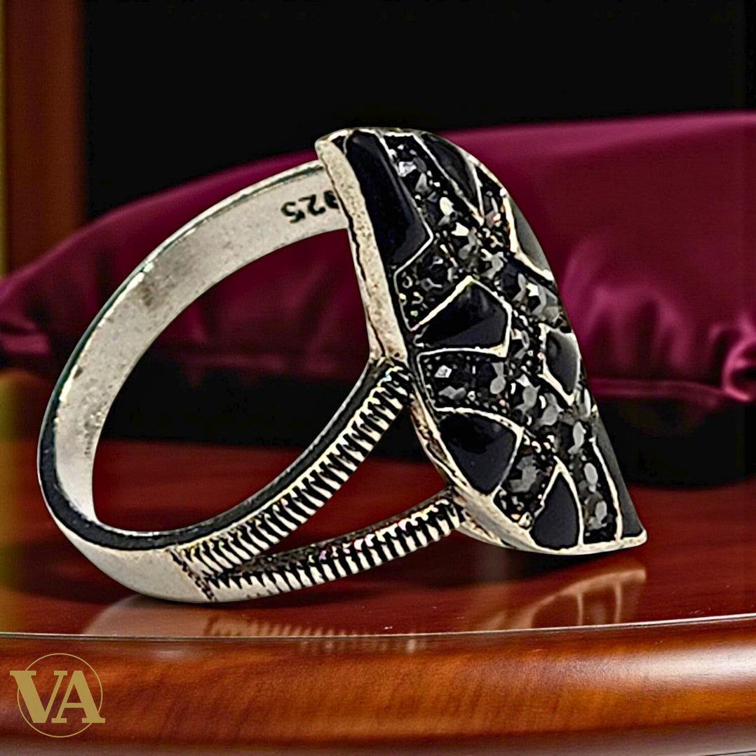 Bague femme argent 925 onyx noir marcassites | Bijoux Vindicta