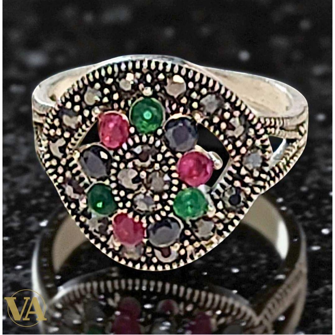 Bague argent 925 pierres multicolores et marcassites