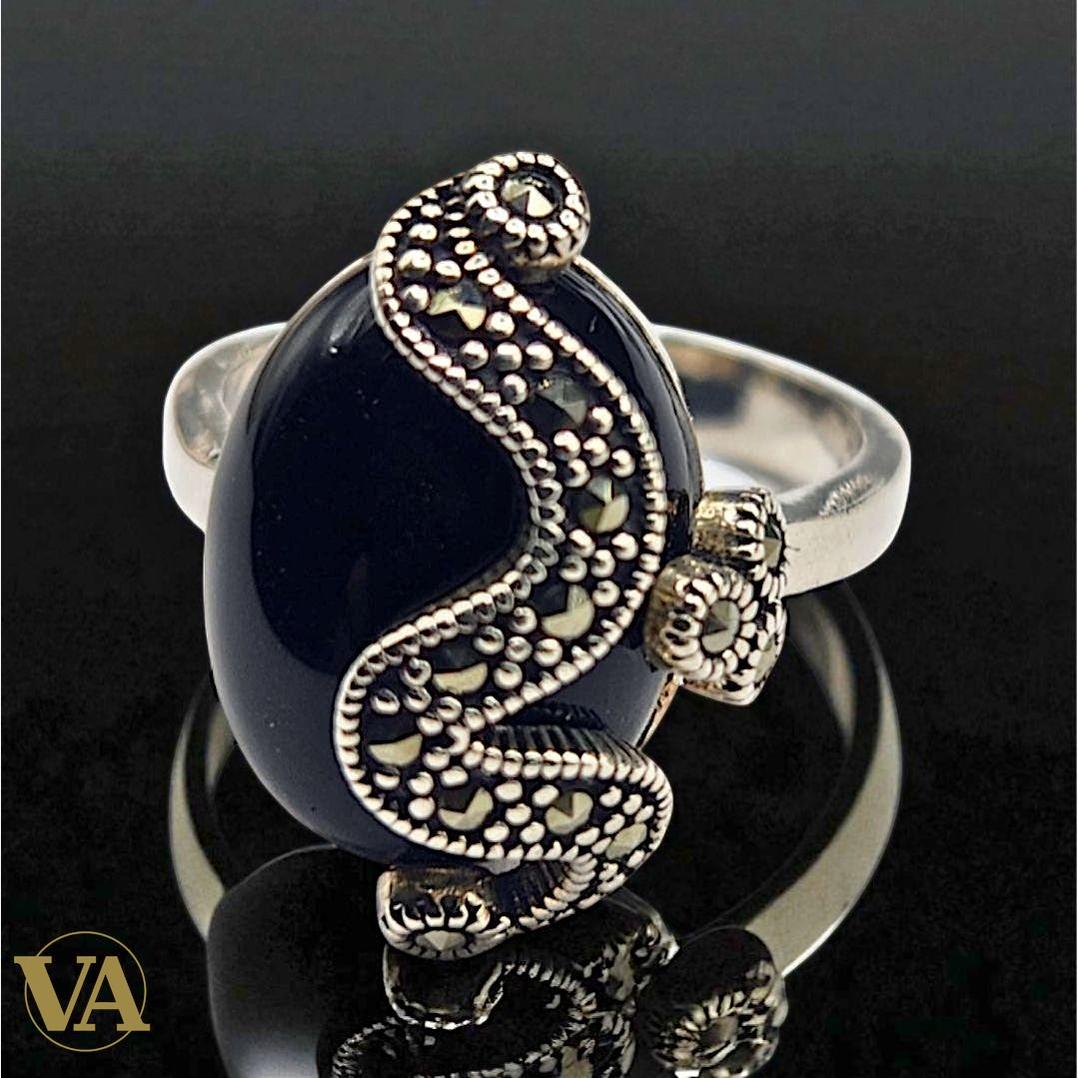 Bague femme argent 925 onyx & marcassites – Élégance intemporelle