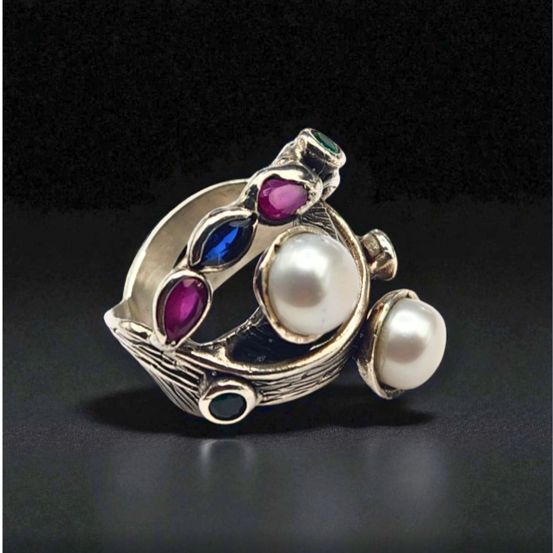 Bague argent 925 perles et pierres colorées