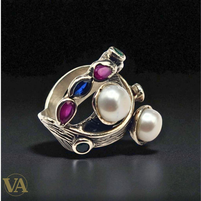 Bague argent 925 perles et pierres colorées