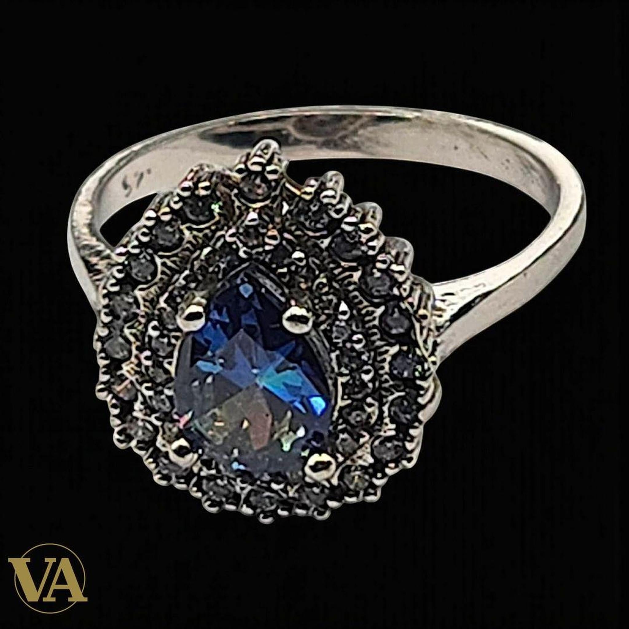 Bague femme argent 925 topaze bleue et marcassites | Bijoux Vindicta