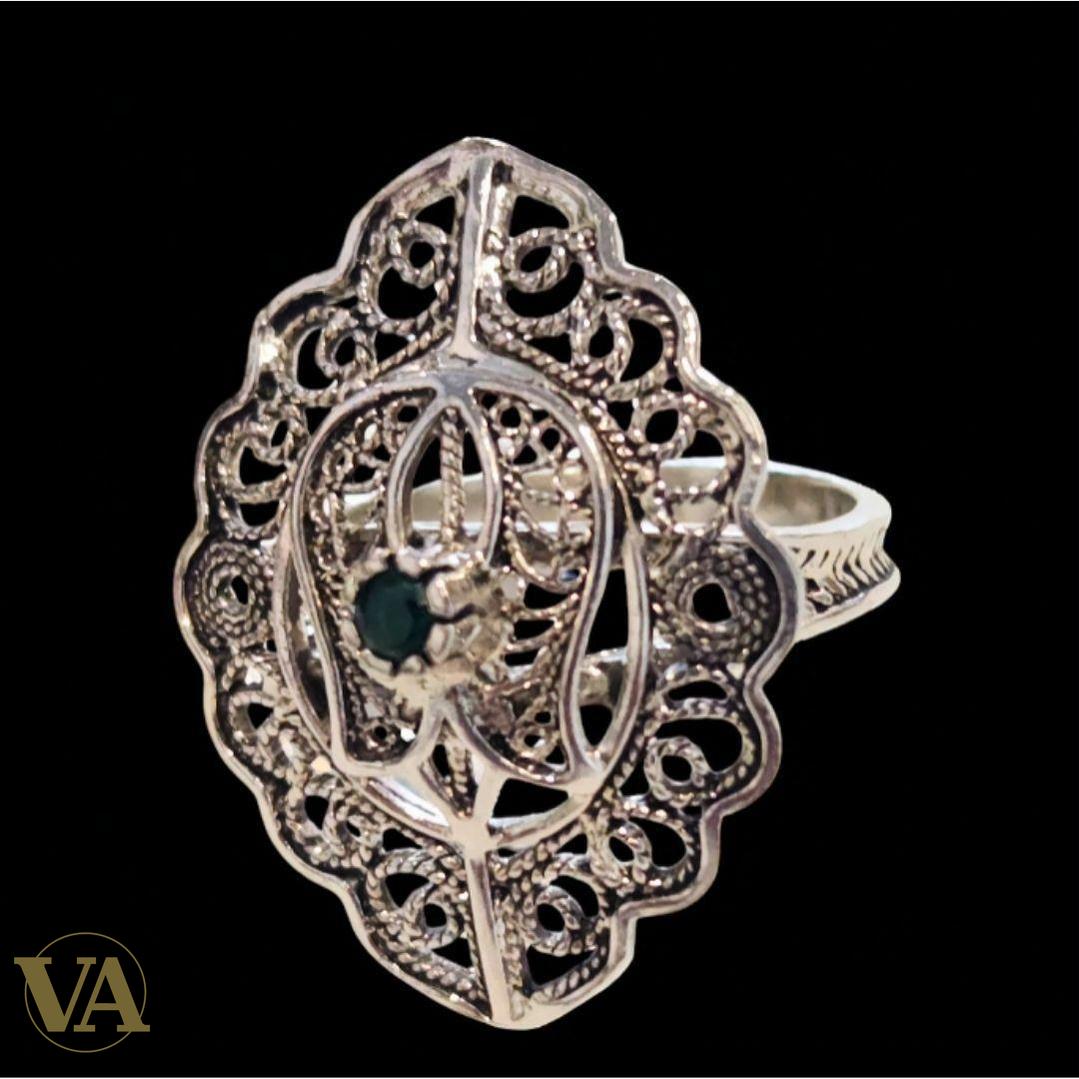 Bague Argent 925 Ajourée & Pierre Verte