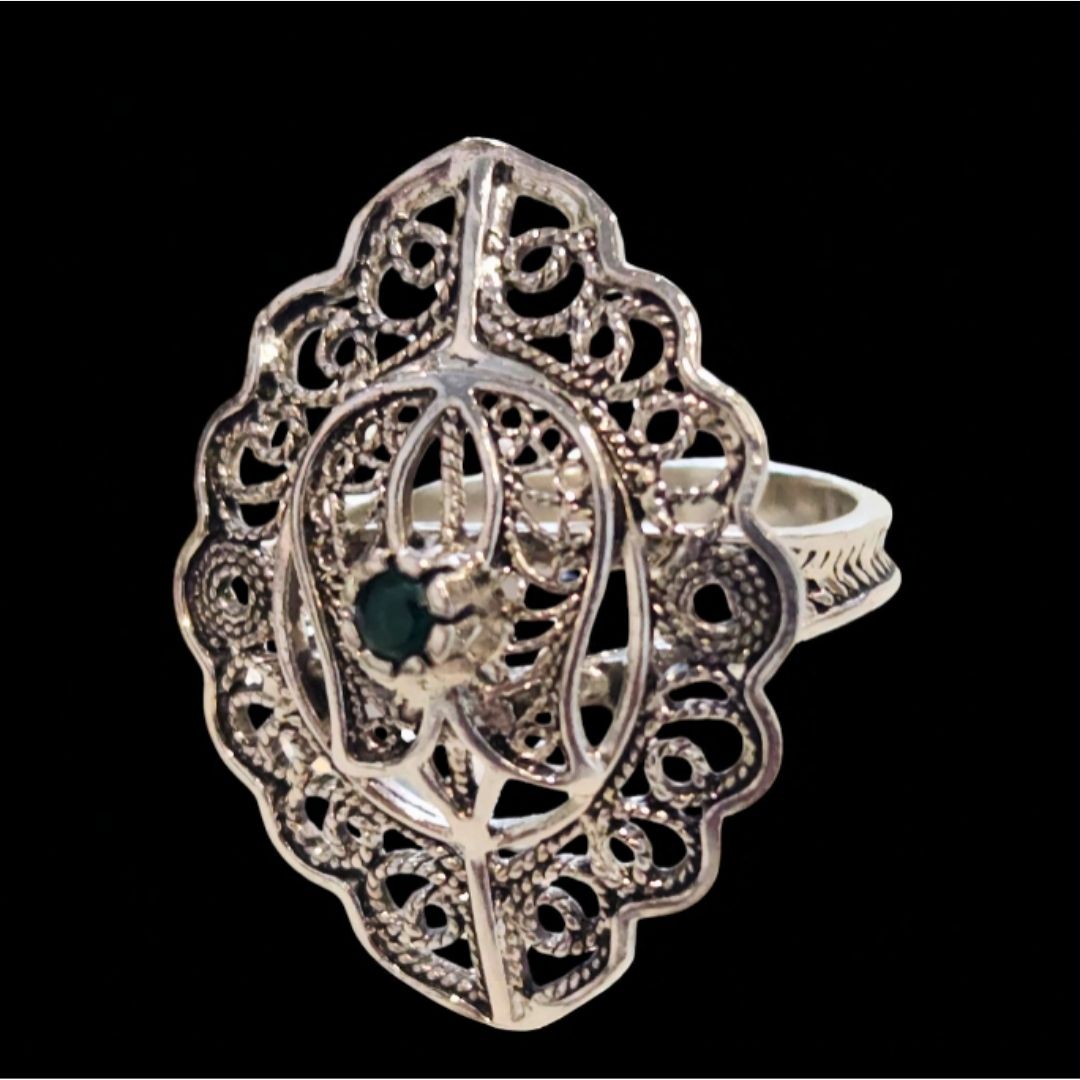 Bague Argent 925 Ajourée & Pierre Verte