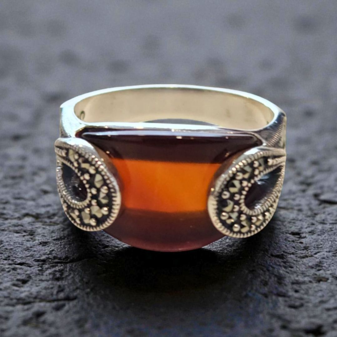 Bague Argent 925 Agate Orange & Marcassites
