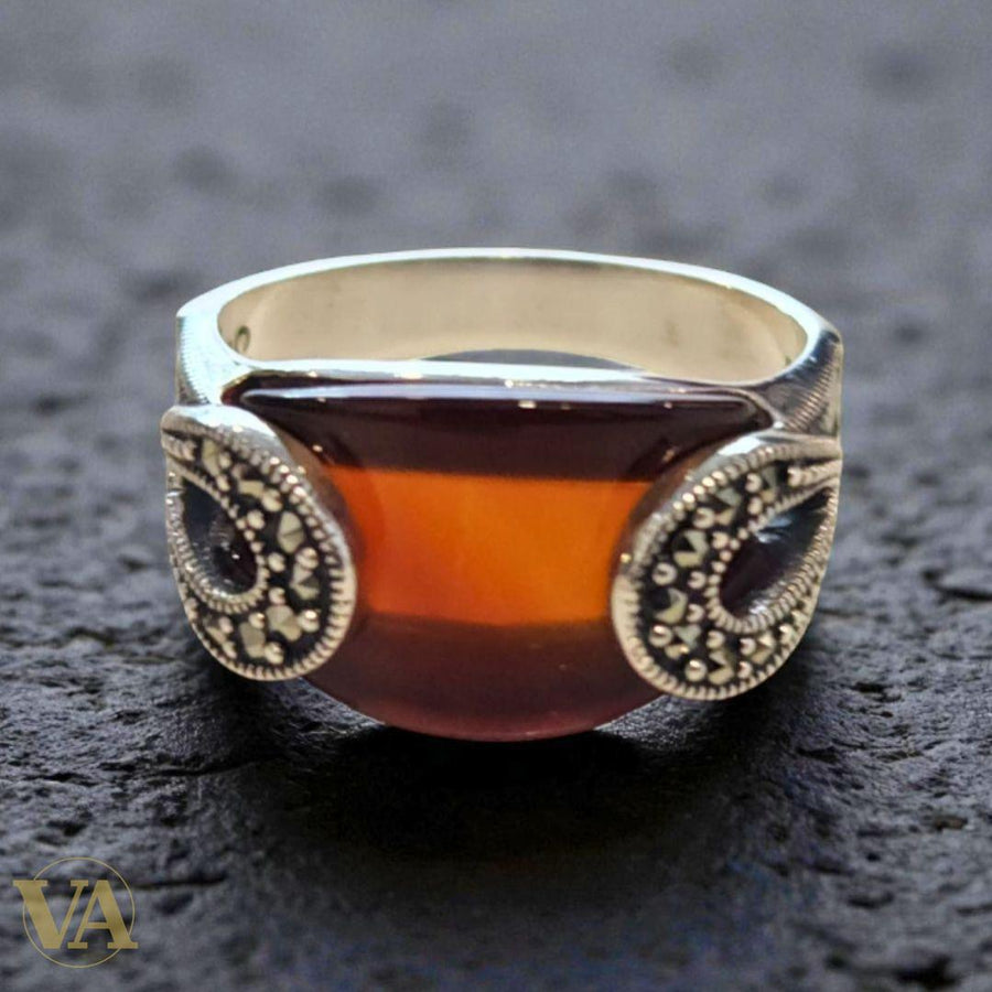 Bague Argent 925 Agate Orange & Marcassites