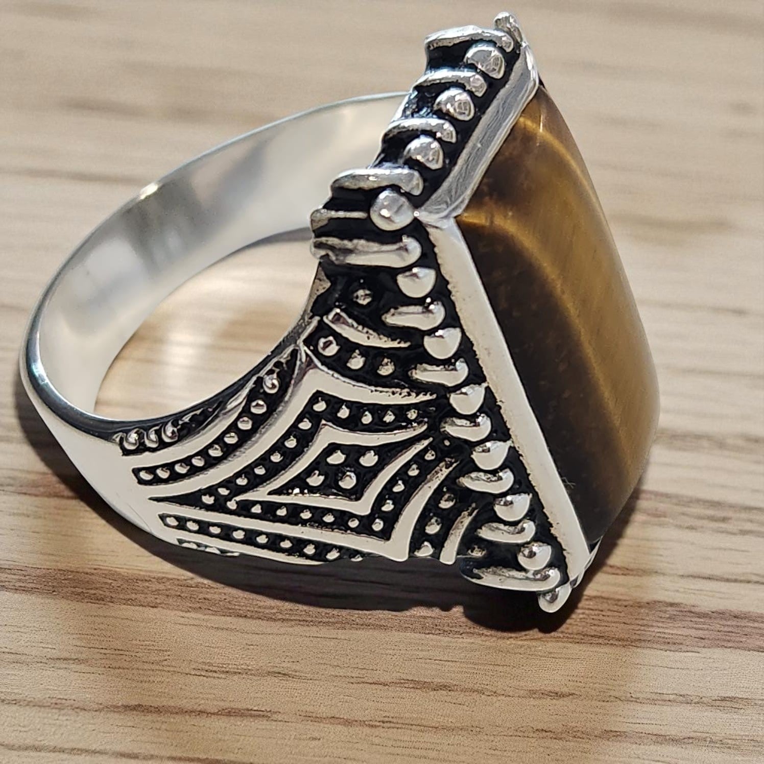 Bague homme argent 925 avec Œil de Tigre naturel