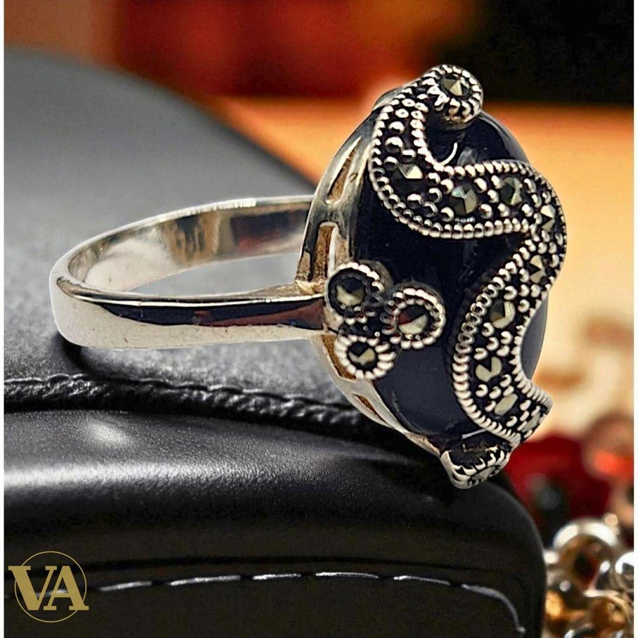 Bague femme argent 925 onyx & marcassites – Élégance intemporelle | Bijoux Vindicta