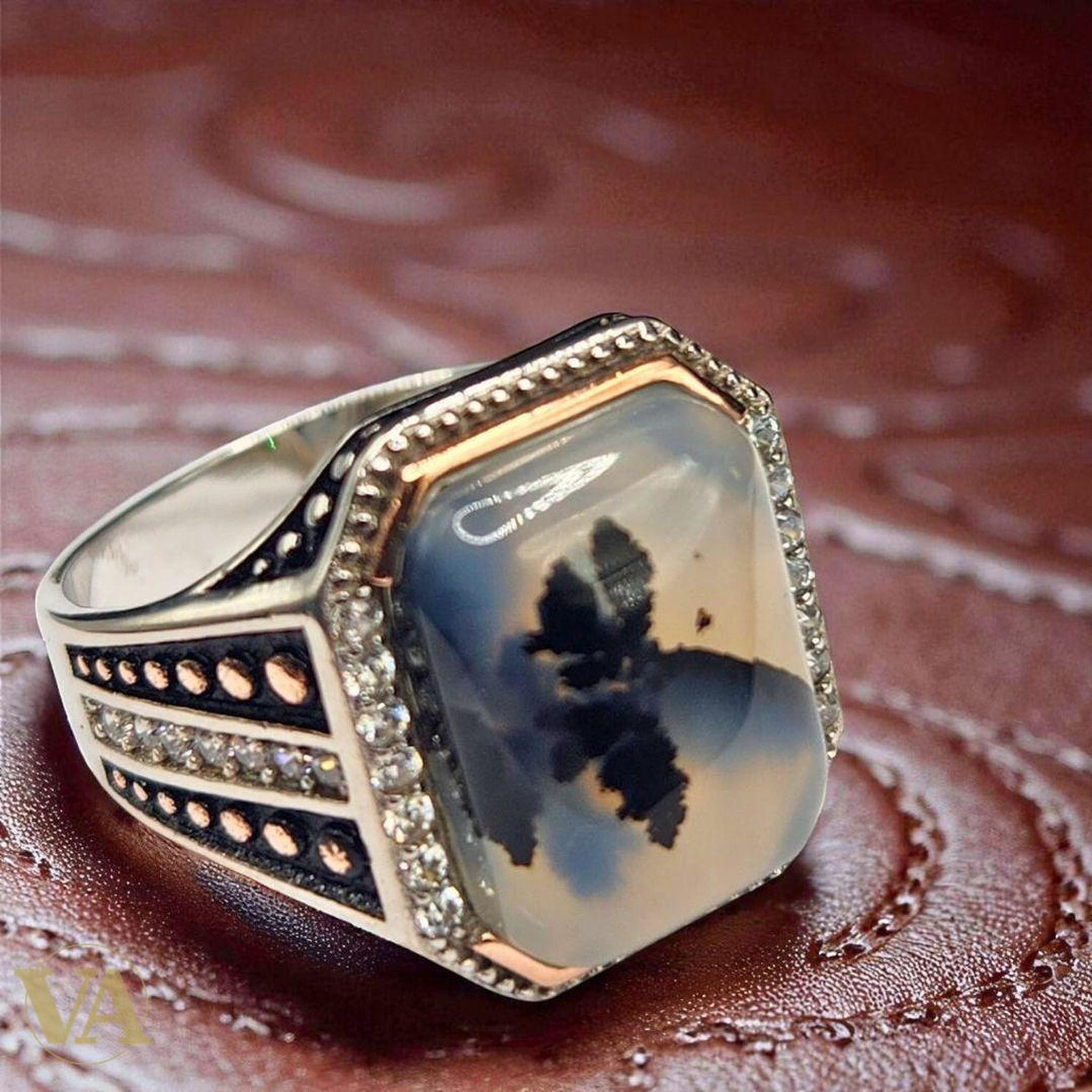 Bague homme argent 925 agate dendritique - Argent 925 - Vindicta