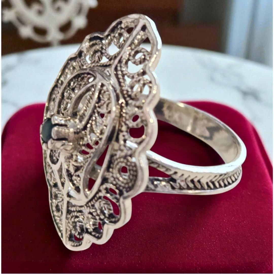 Bague Argent 925 Ajourée & Pierre Verte