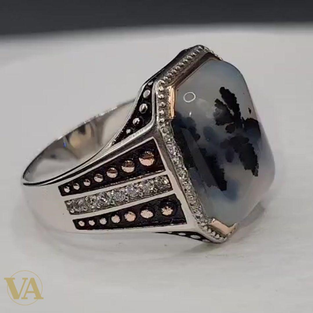 Bague homme argent 925 agate dendritique