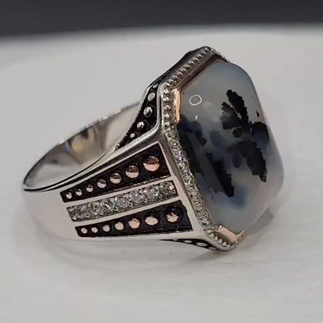 Bague homme argent 925 agate dendritique