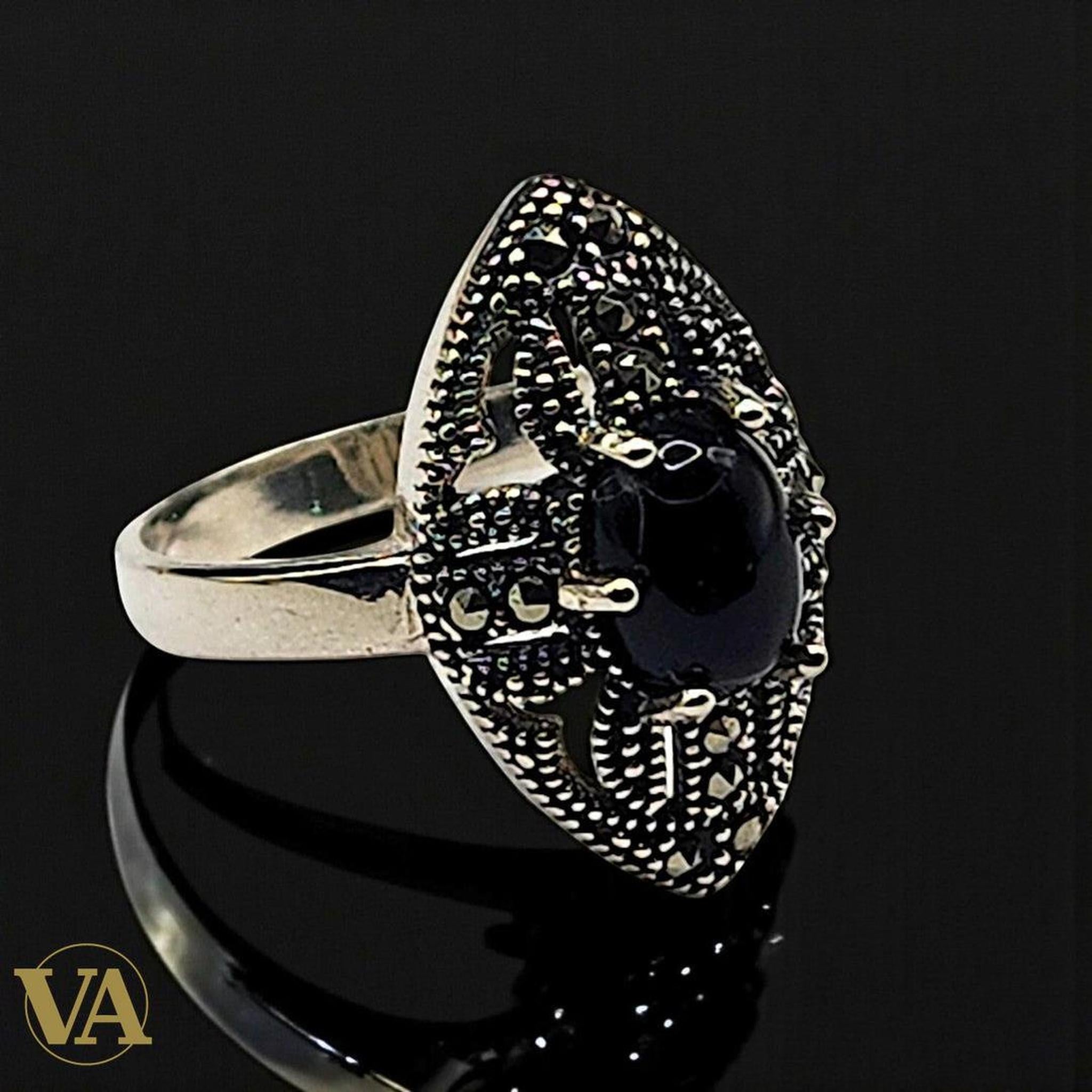 Bague Femme Argent 925 – Onyx noir & Marcassites | Bijoux Vindicta