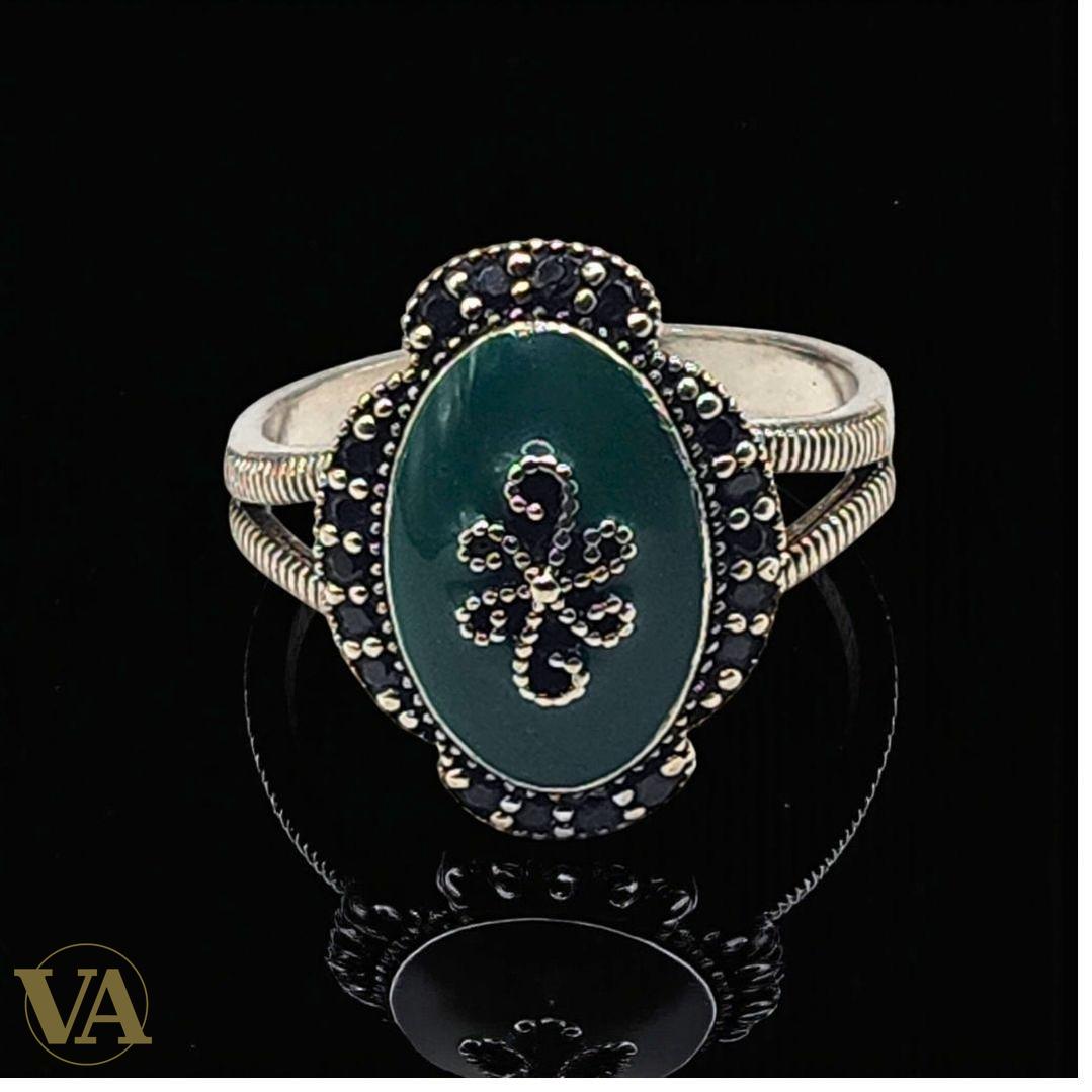 Bague femme argent 925 aventurine verte et marcassites