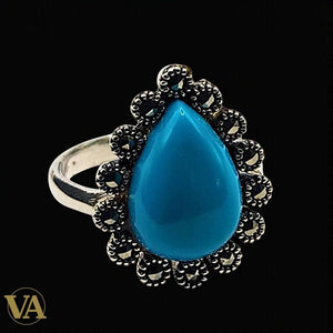 خاتم نسائي فيروزي دمعة فضة 925 وماركاسيت