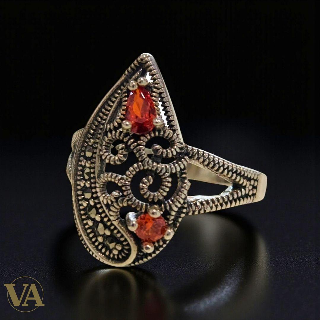 Bague femme argent 925 marcassites – Pierres rouges grenat style oriental – Élégance vintage