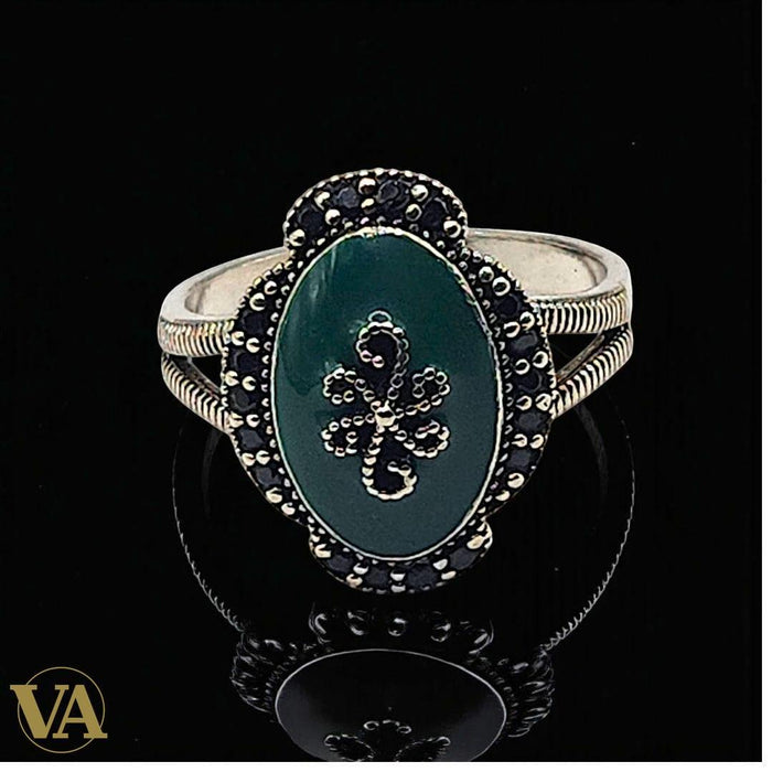 Bague femme argent 925 aventurine verte et marcassites